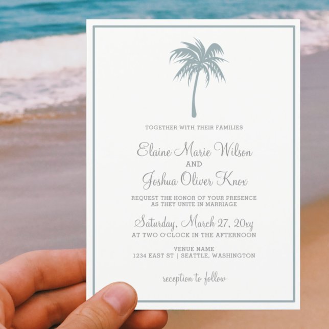 Dusty Blue Tropical Palm Tree Wedding Invitations (Creator Uploaded)