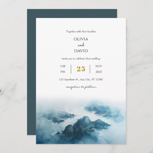 Dusty Blue Tropical Seaside Island Beach Wedding  Invitation (Front/Back)