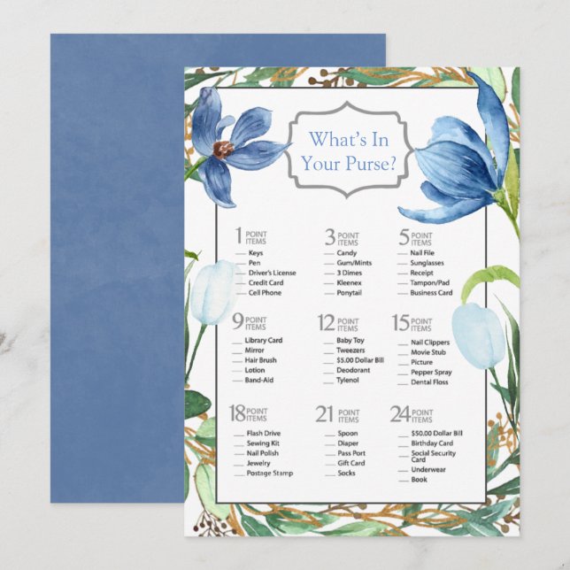 Dusty Blue Tulip Painted Peony Bridal Shower Game Invitation (Front/Back)