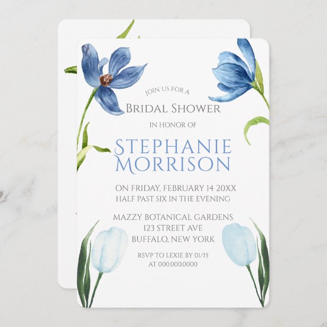 Dusty Blue Tulip Peony Bridal Shower Invitations (Front/Back)