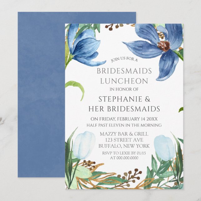 Dusty Blue Tulip Peony Bridesmaids Luncheon Invitation (Front/Back)