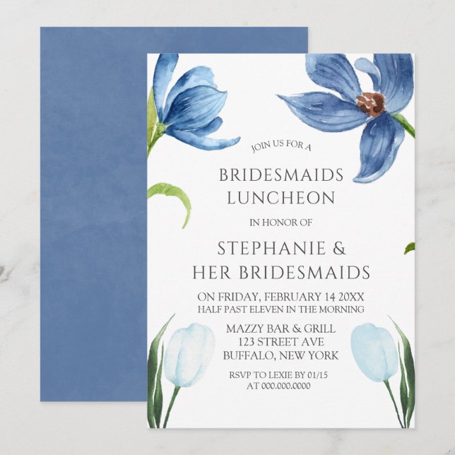 Dusty Blue Tulip Peony Bridesmaids Luncheon Invitation (Front/Back)