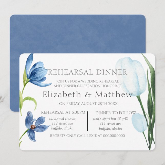 Dusty Blue Tulip Watercolor Peony Rehearsal Dinner Invitation (Front/Back)