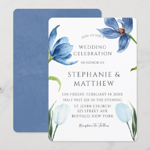 Dusty Blue Tulip Watercolor Peony Wedding Invitation