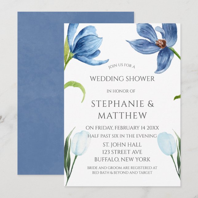 Dusty Blue Tulip Watercolor Peony Wedding Shower Invitation (Front/Back)