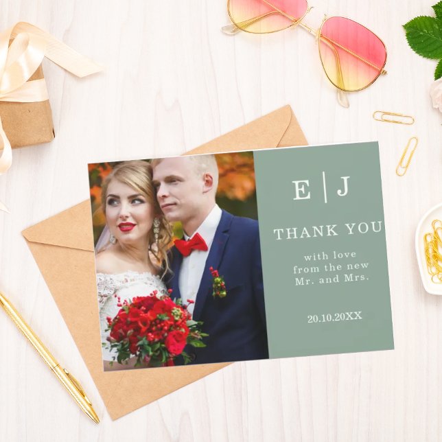 Dusty Blue Two Photo Wedding Thank You Card (Creator Uploaded)