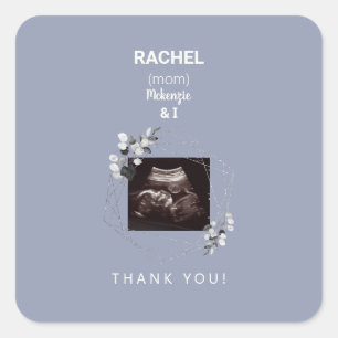 Dusty Blue Ultrasound Photo Thank You Baby Shower Square Sticker