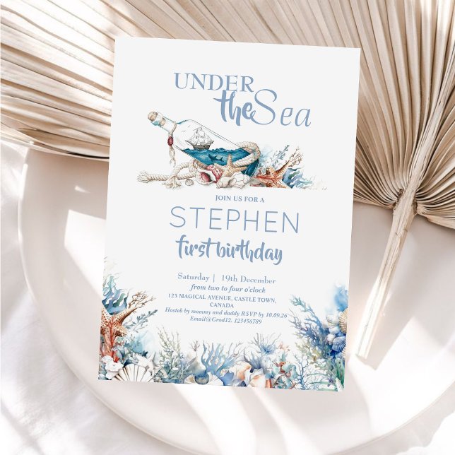  Dusty Blue Under the Sea Cute 1st Birthday Party Invitation (Creator Uploaded)