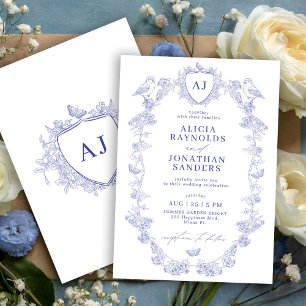 Dusty blue Victorian French classic floral wedding Invitation