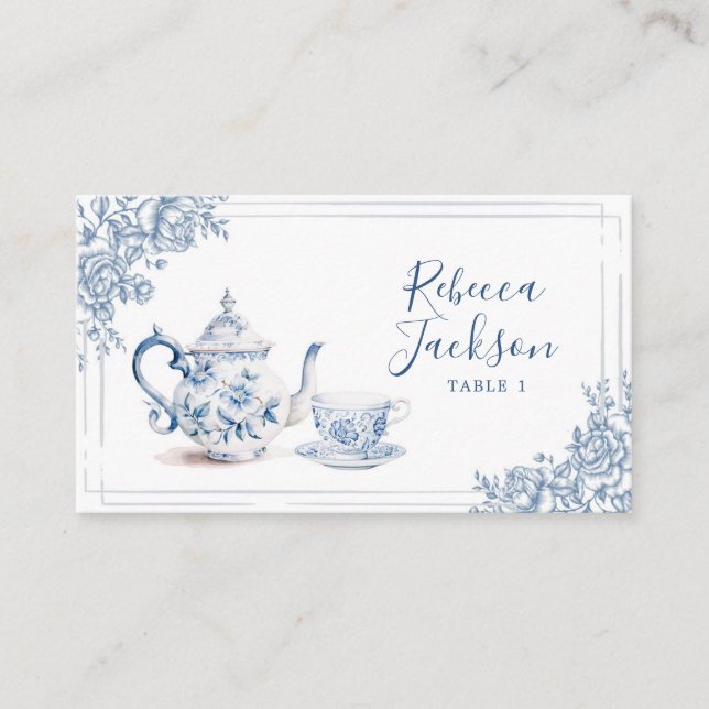 Dusty Blue Victorian Garden Afternoon Tea Place Card (Front)