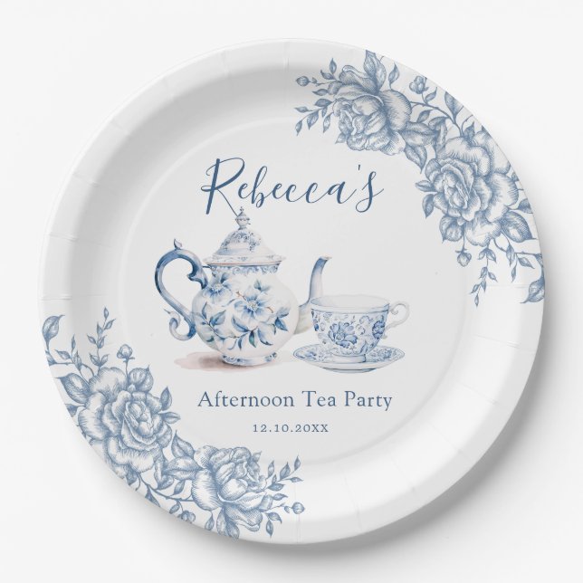 Dusty Blue Victorian Garden Bridal Shower Tea Paper Plate (Front)