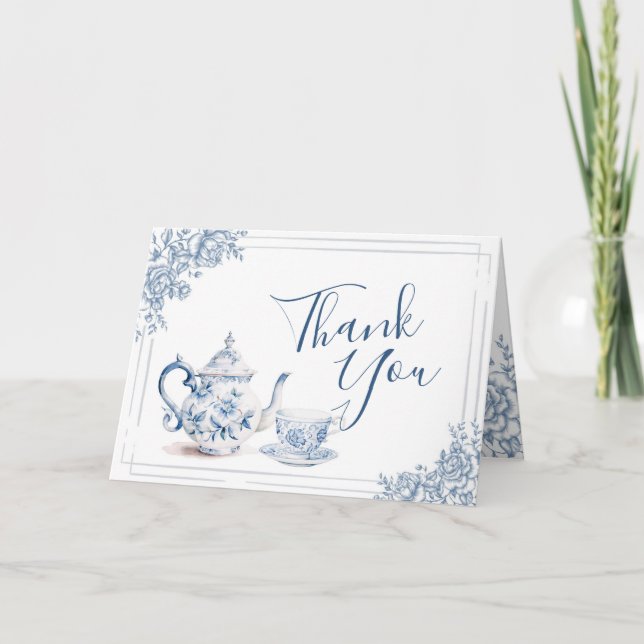 Dusty Blue Victorian Garden Bridal Shower Tea Thank You Card (Front)