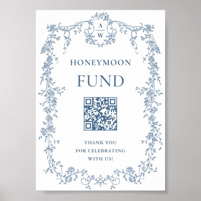 Dusty Blue Victorian Honeymoon Fund Wedding Sign (Front)