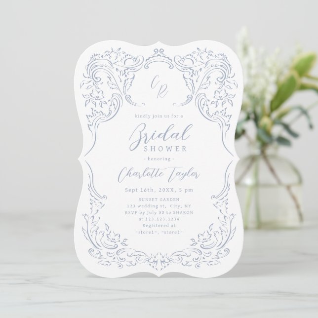 Dusty Blue Vintag Monogram Bridal Shower  Invitation (Standing Front)