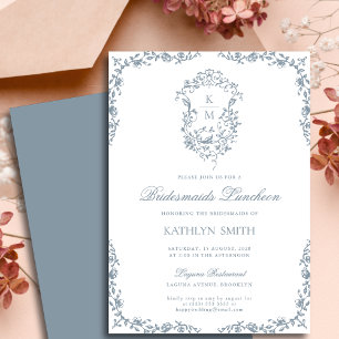Dusty Blue Vintage Crest Bridesmaids luncheon Invitation