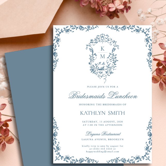 Dusty Blue Vintage Crest Bridesmaids luncheon Invitation (Creator Uploaded)