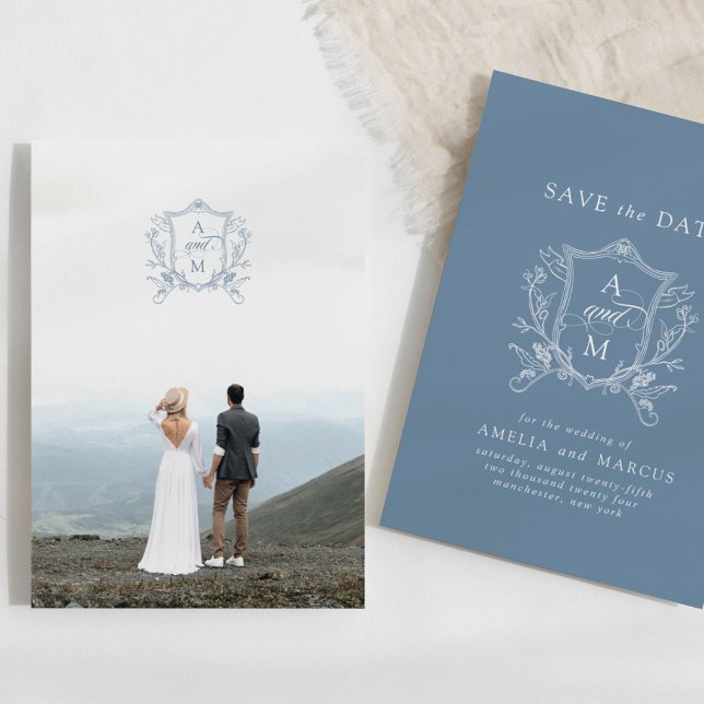 Dusty Blue Vintage Crest Save the Date Invitation (Creator Uploaded)