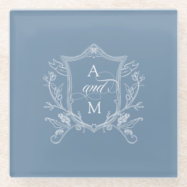 Dusty Blue Vintage Crest Wedding Glass Coaster (Front)
