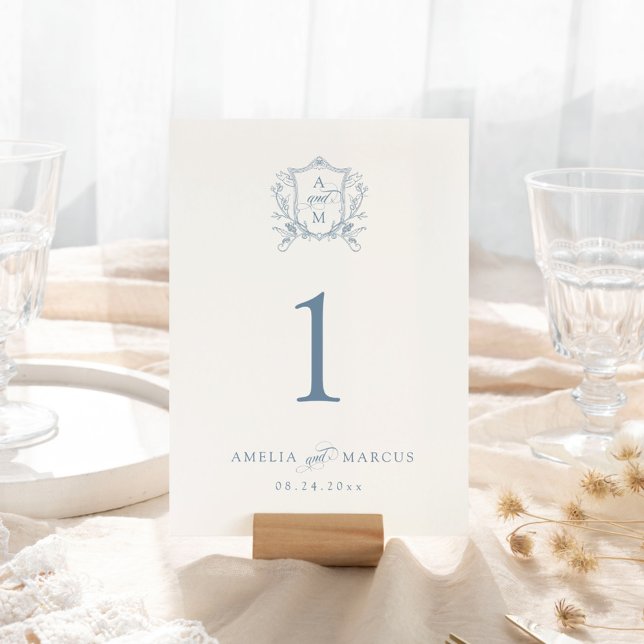 Dusty Blue Vintage Crest Wedding Table Number (Creator Uploaded)