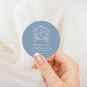 Dusty Blue Vintage Crest Wedding Thank You Classic Round Sticker