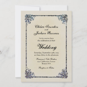 Dusty Blue Vintage Decorative Border Wedding Invitation