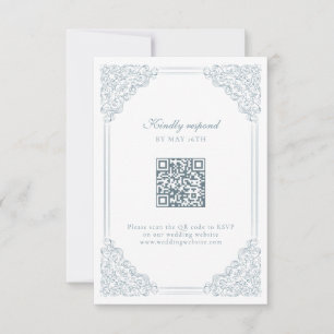 Dusty Blue Vintage Elegant Frame QR Code Wedding  RSVP Card