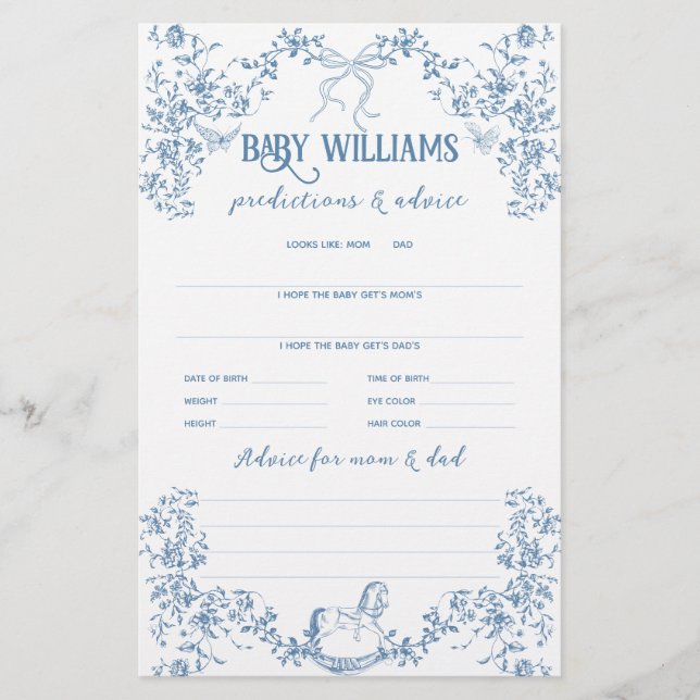 Dusty Blue Vintage Floral Baby Prediction Game (Front)