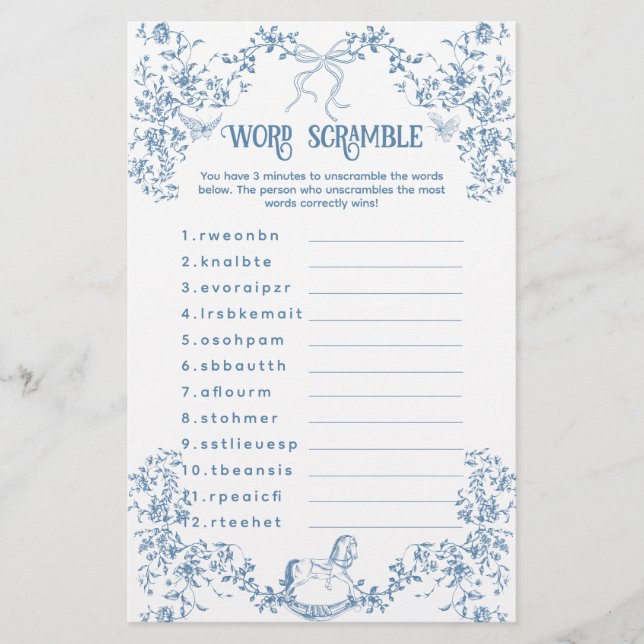 Dusty Blue Vintage Floral Baby Scramble Game (Front)