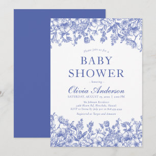 Dusty Blue Vintage Floral Chinoiserie Baby Shower Invitation