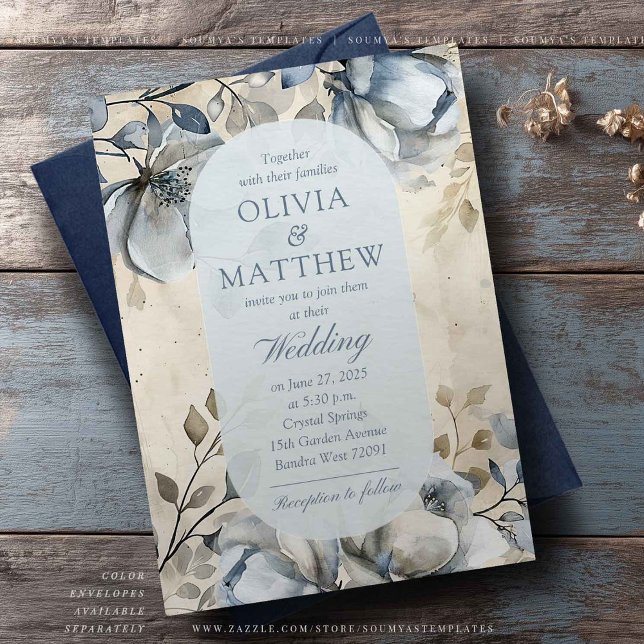 Dusty Blue Vintage Floral Elegant Wedding Invitation (Creator Uploaded)