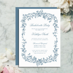 Dusty Blue Vintage Floral Frame Bachelorette Party Invitation