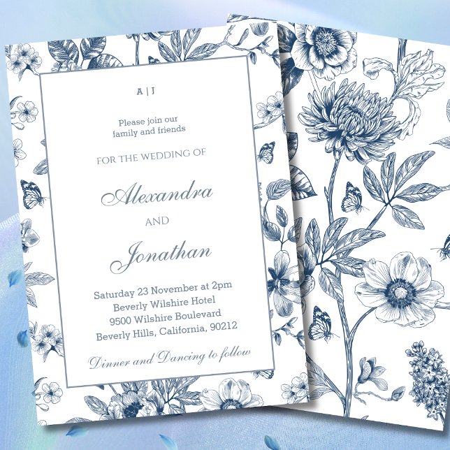 Dusty Blue Vintage Floral French Wedding Invitation (Creator Uploaded)