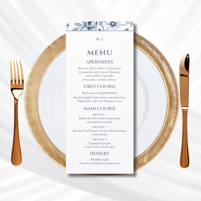 Dusty Blue Vintage Floral French Wedding Menu (Creator Uploaded)