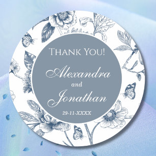 Dusty Blue Vintage Floral French Wedding Thank You Classic Round Sticker