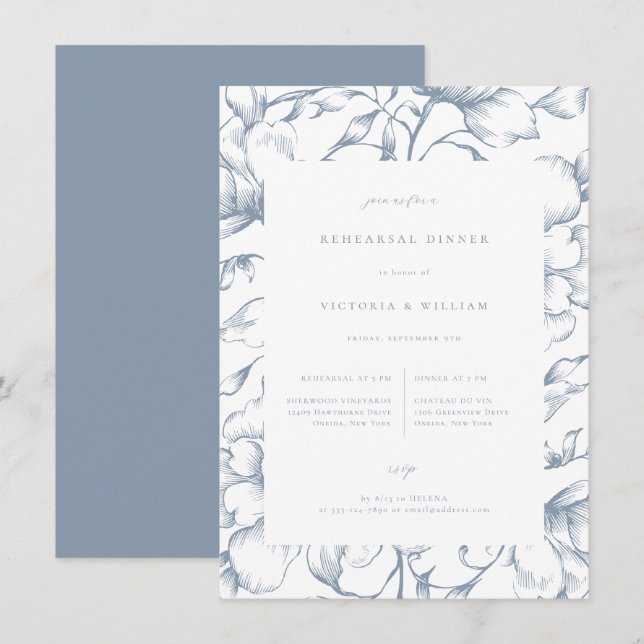 Dusty Blue Vintage Floral Rehearsal Dinner Announcement (Front/Back)