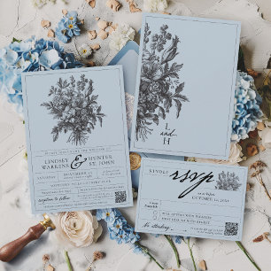 Dusty Blue Vintage Floral Romantic Garden Wedding Invitation