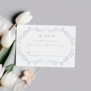 Dusty Blue Vintage Floral Romantic Wedding RSVP Card
