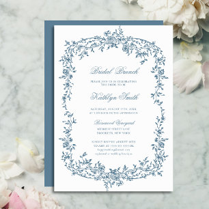 Dusty Blue Vintage Floral Script Bridal Brunch Invitation
