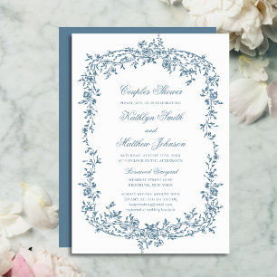Dusty Blue Vintage Floral Script Couples Shower Invitation