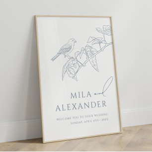 Dusty Blue Vintage Floral Songbird Wedding Welcome Poster