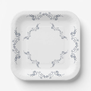 Dusty Blue Vintage Floral Square Paper Party Plate