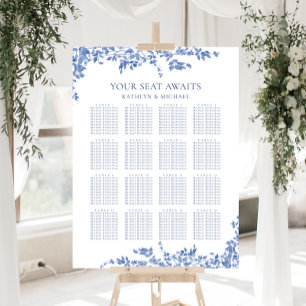 Dusty Blue Vintage Floral Wedding 16 Table Seating Poster
