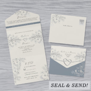 Dusty Blue Vintage Floral Wedding All In One Invitation