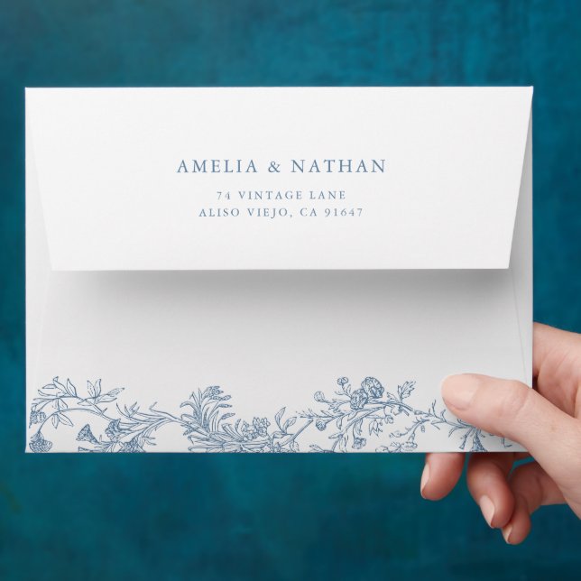 Dusty Blue Vintage Floral Wedding Envelope (Hand)