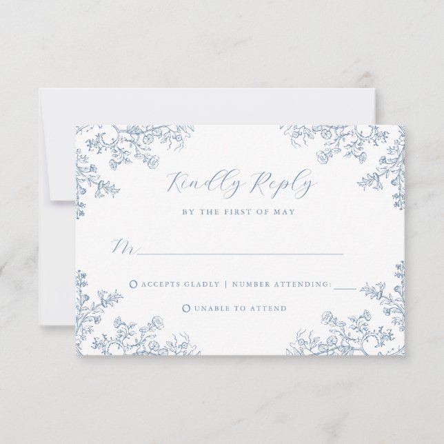 Dusty Blue Vintage Floral Wedding RSVP Card (Front)