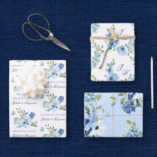 Dusty Blue Vintage Floral Wedding Wrapping Paper Sheet