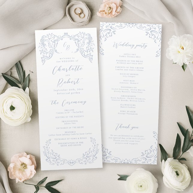 Dusty Blue Vintage Flourish Monogram Program Menu (Dusty Blue Vintage Flourish Monogram Program)