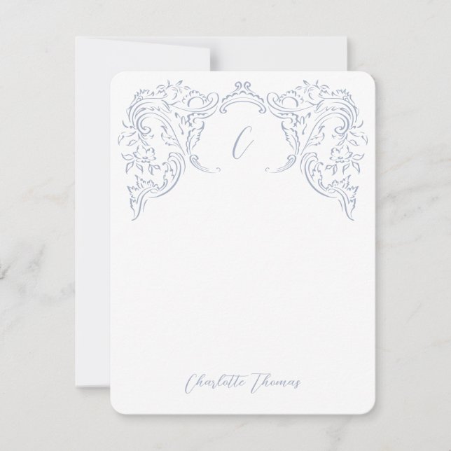 Dusty Blue Vintage Flourish Monogram Stationery Card (Front)