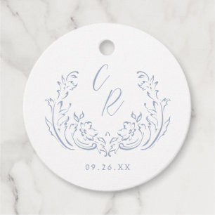 Dusty Blue Vintage Flourish Monogram Wedding Favour Tags