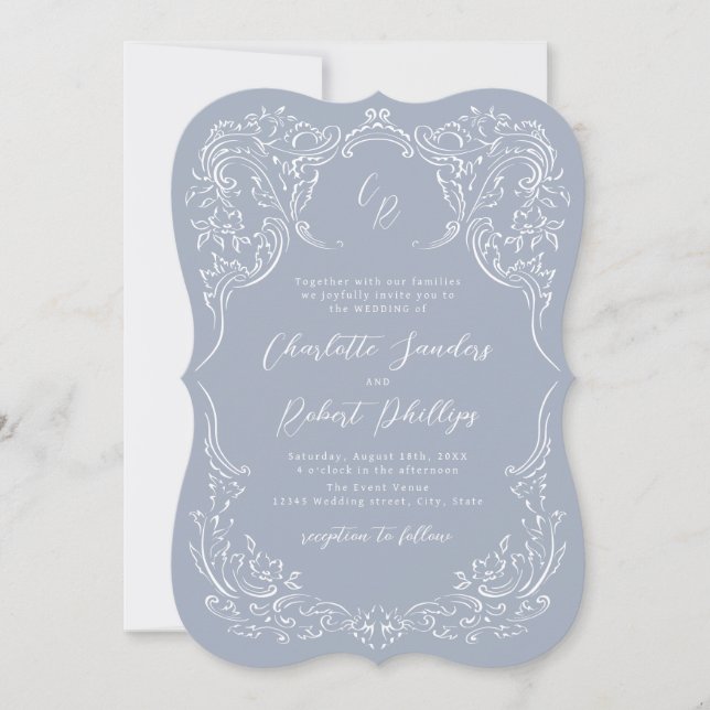 Dusty Blue Vintage Flourish Monogram Wedding Invitation (Front)